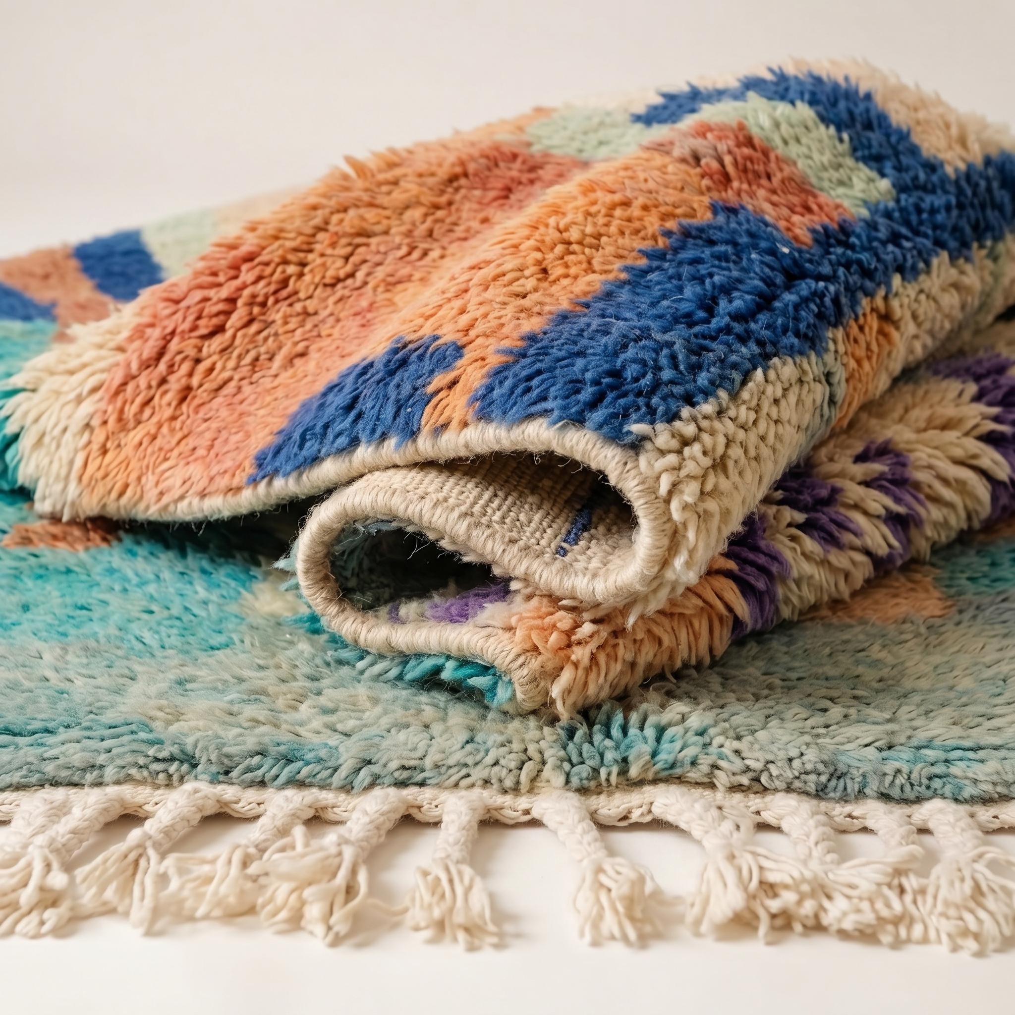 Boujaad Rug - Teal Blue Orange Multicolor Wool Rug - Handmade Abstract Art Rug - One of a Kind Boho Berber Carpet