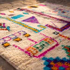 Azilal Rug - Ivory Wool Shag with Multicolor Folk Art Symbols, Handmade Tribal Berber Area Rug