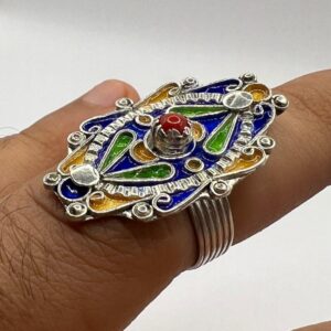 Kabyle Berber Ring: Sterling Silver, Enamel Coral - Handmade Adjustable Size FR 59 / 9 US