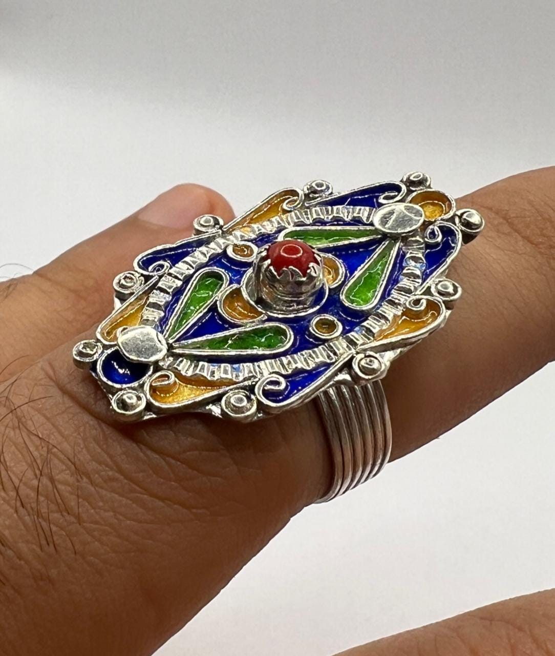 Kabyle Berber Ring: Sterling Silver, Enamel Coral - Handmade Adjustable Size FR 59 / 9 US