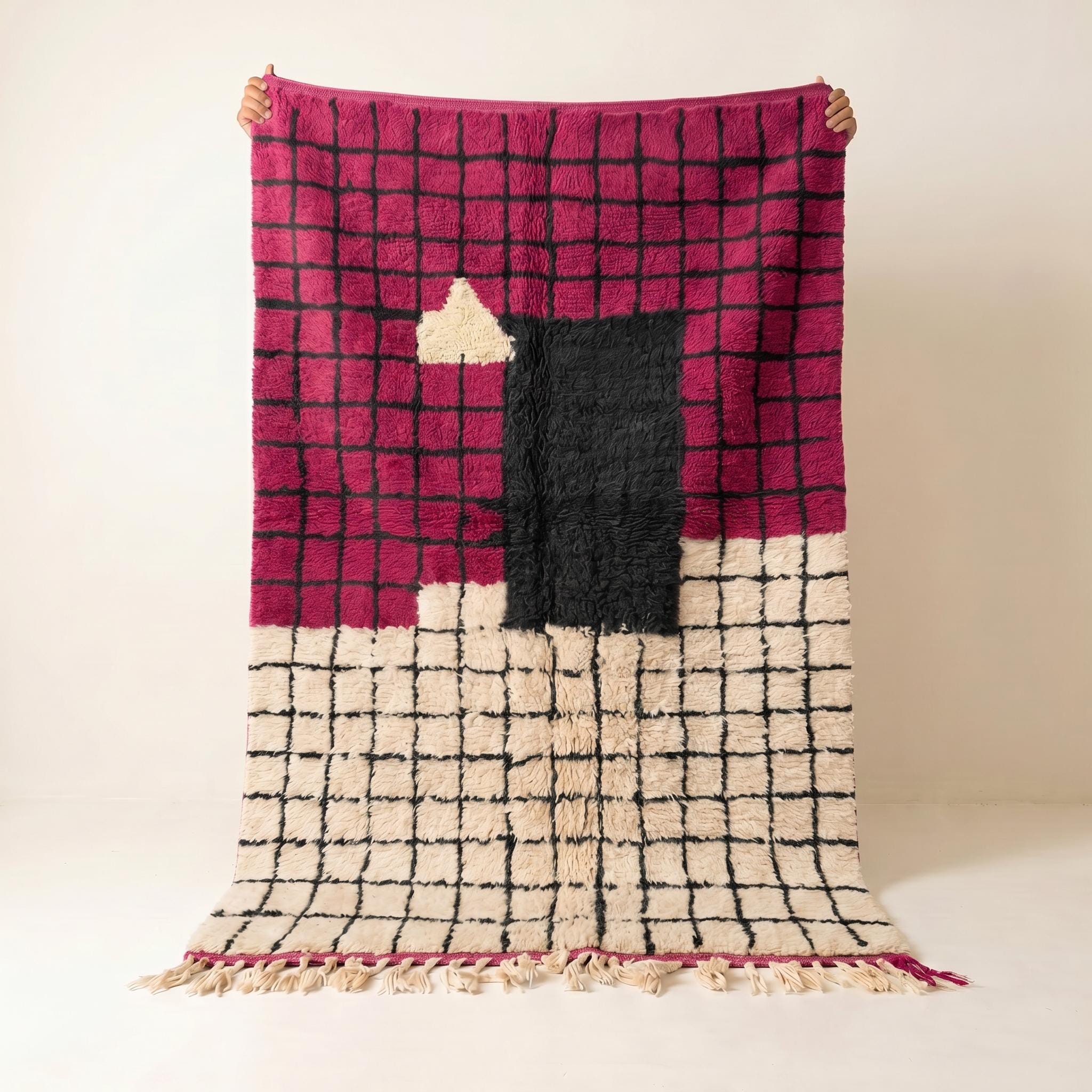 Boujaad Rug - Fuchsia Pink Ivory Wool Rug - Handmade Grid Abstract Art Rug - Bold Area Rug - Berber Carpet - Multiple Sizes