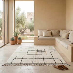 Berber Ivory Architectural Wool Rug, Black Grid Line Beni Ourain Carpet, Bauhaus Modern Shag Home