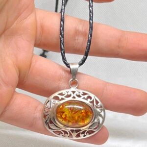 Vintage Baltic Amber Stone Sterling Silver Pendant: Art Round Amber 925 Necklace 17.88g