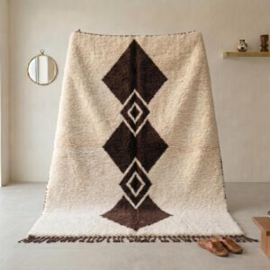 Handwoven Beni Ourain Diamond Wool Rug, Brown Cream Berber Carpet, Boho Living Room Decor