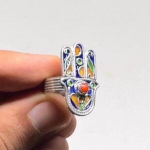 Amazigh Hamsa Hand Sterling Silver Ring: Red Coral Enamel, Tribal Jewelry