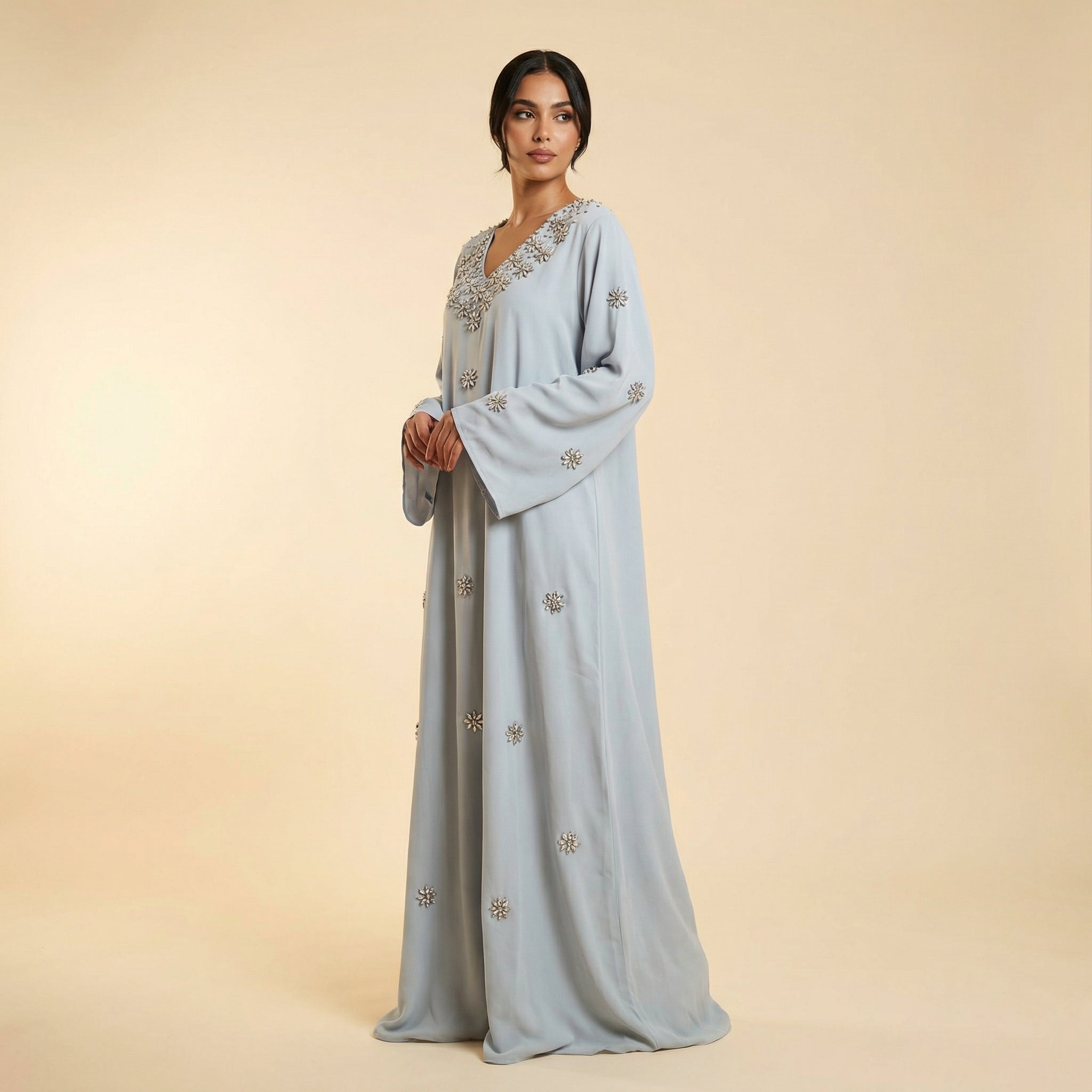 Jalabiya - Silver Blue Embroidered