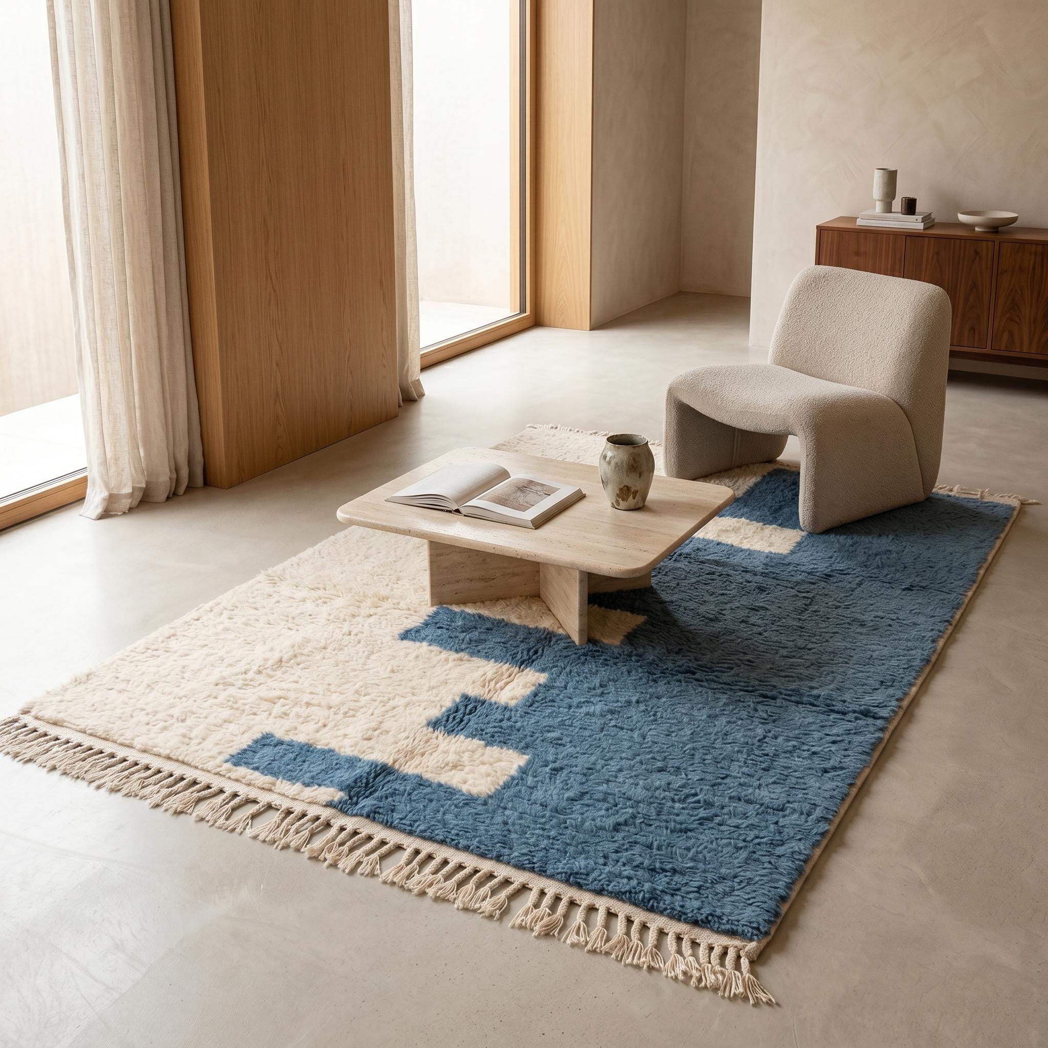 Boujaad Rug - Ivory Steel Blue Wool Rug - Handmade Abstract Split Rug - Modern Area Rug - Berber Carpet - Multiple Sizes