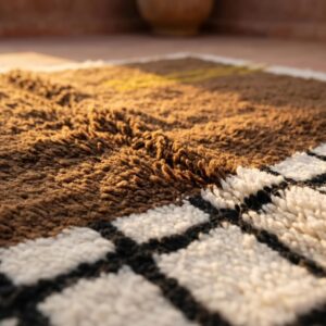 Chocolate Brown Grid Amazigh Rug, Hand-Knotted Beni Ourain Wool Carpet, Earthy Modern Shag