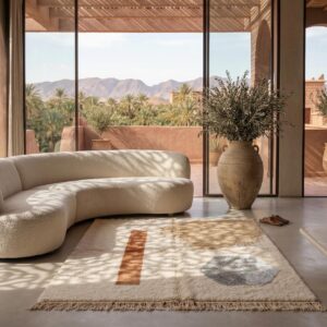 Berber Authentic Beni Ourain Rug, Abstract Rust Beige Wool Carpet, Plush Shag Living Room Decor