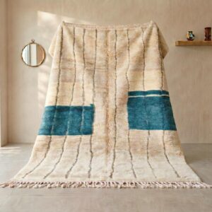 Ivory & Teal Beni Ourain Rug - Handwoven Wool Shag, Color Block Berber Carpet, Modern Boho Living Room Area Rug