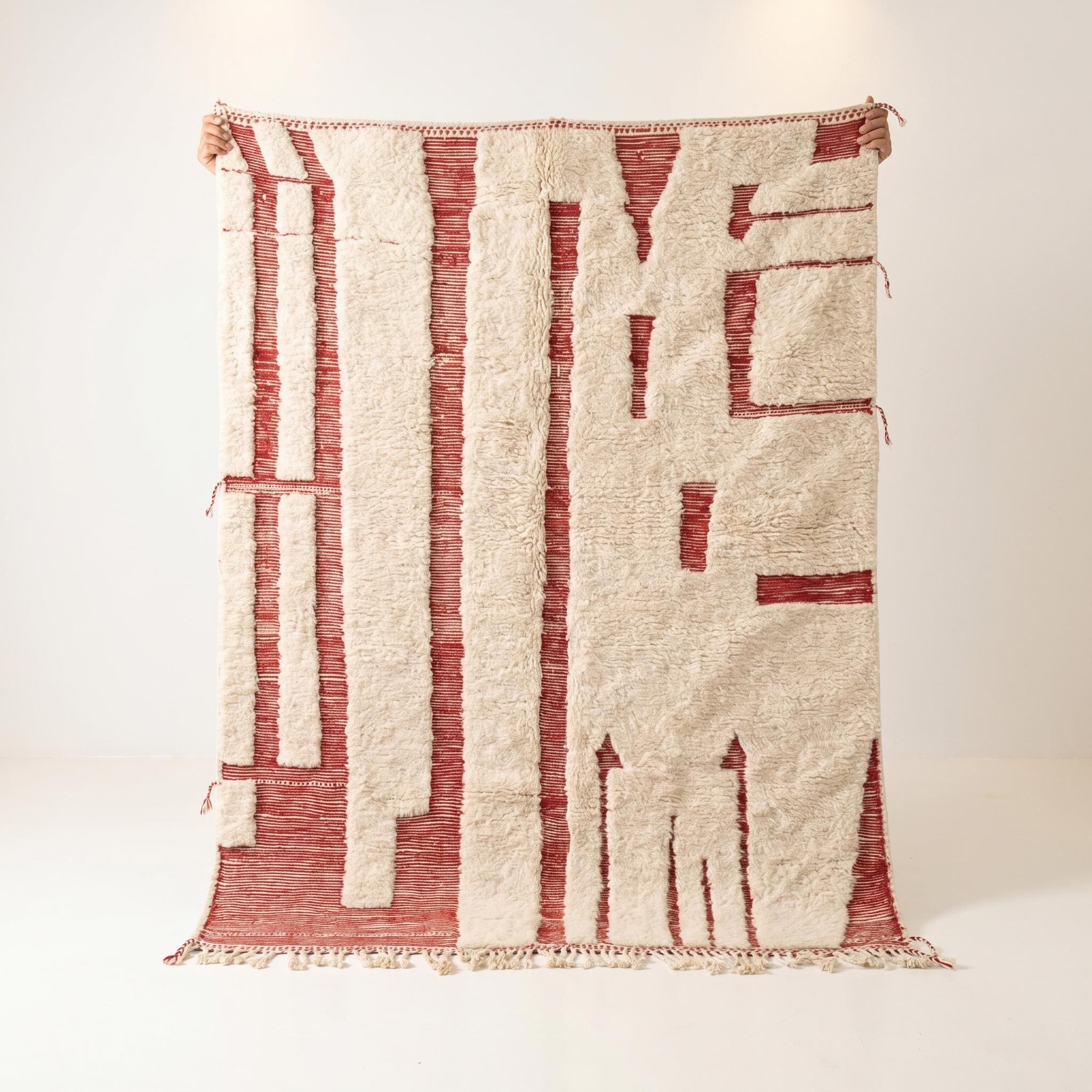Boujaad Rug - Ivory Red Wool Rug - Handmade Abstract Architectural Rug - Modern Area Rug - Berber Carpet - Multiple Sizes
