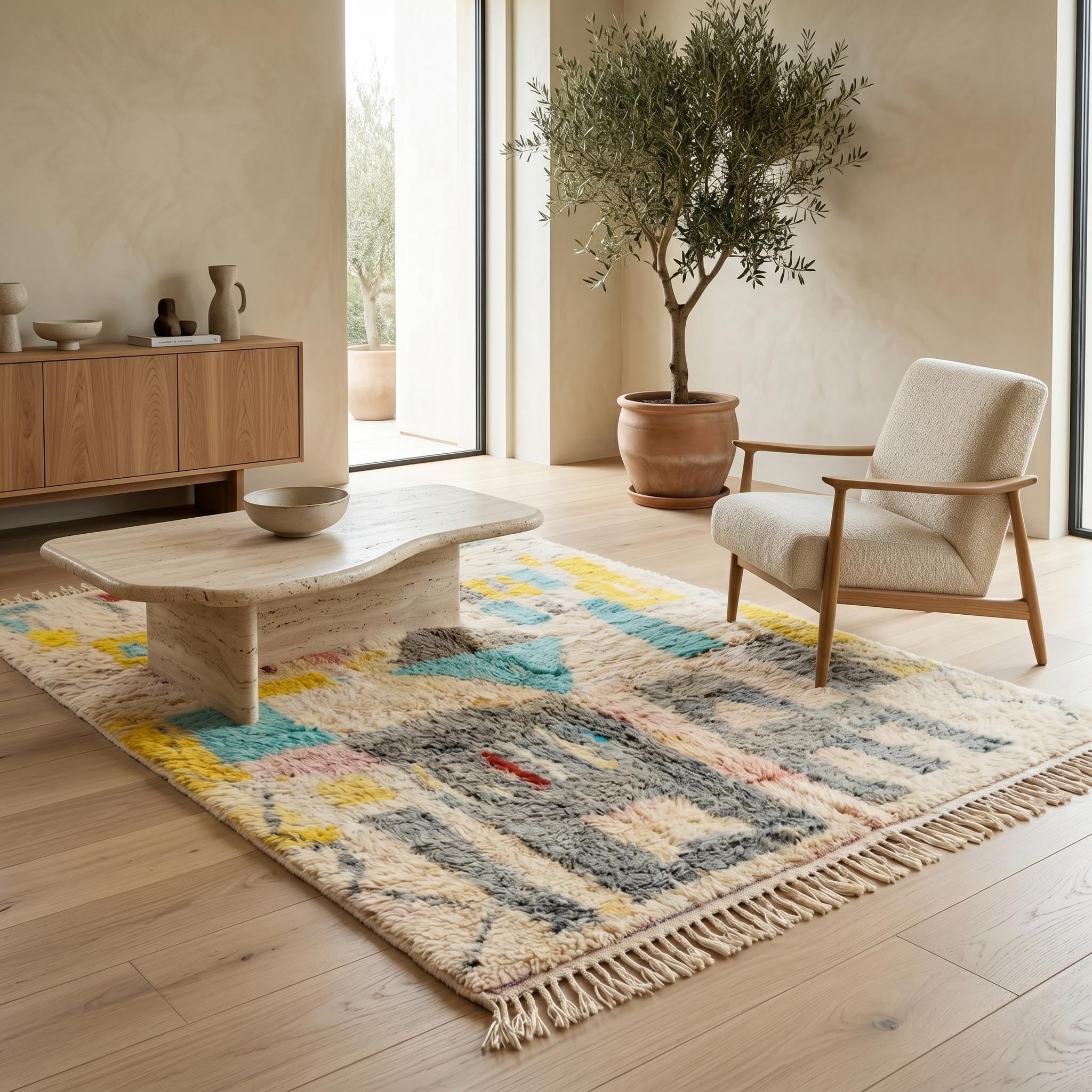 Boujaad Rug - Ivory Teal Yellow Grey Wool Rug - Handmade Abstract Symbol Rug - One of a Kind Boho Berber Carpet