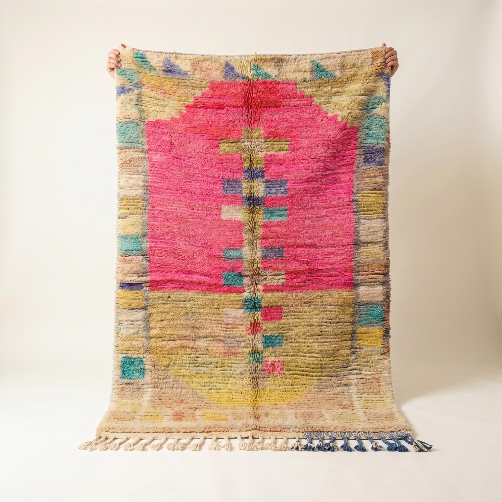 Boujaad Rug - Hot Pink Ivory Multicolor Wool Rug - Handmade Medallion Abstract Rug - One of a Kind Boho Berber Carpet