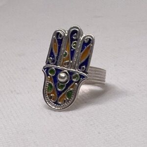 Kabyle Hamsa Hand Sterling Silver Ring: Berber Enamel Ethnic Jewelry