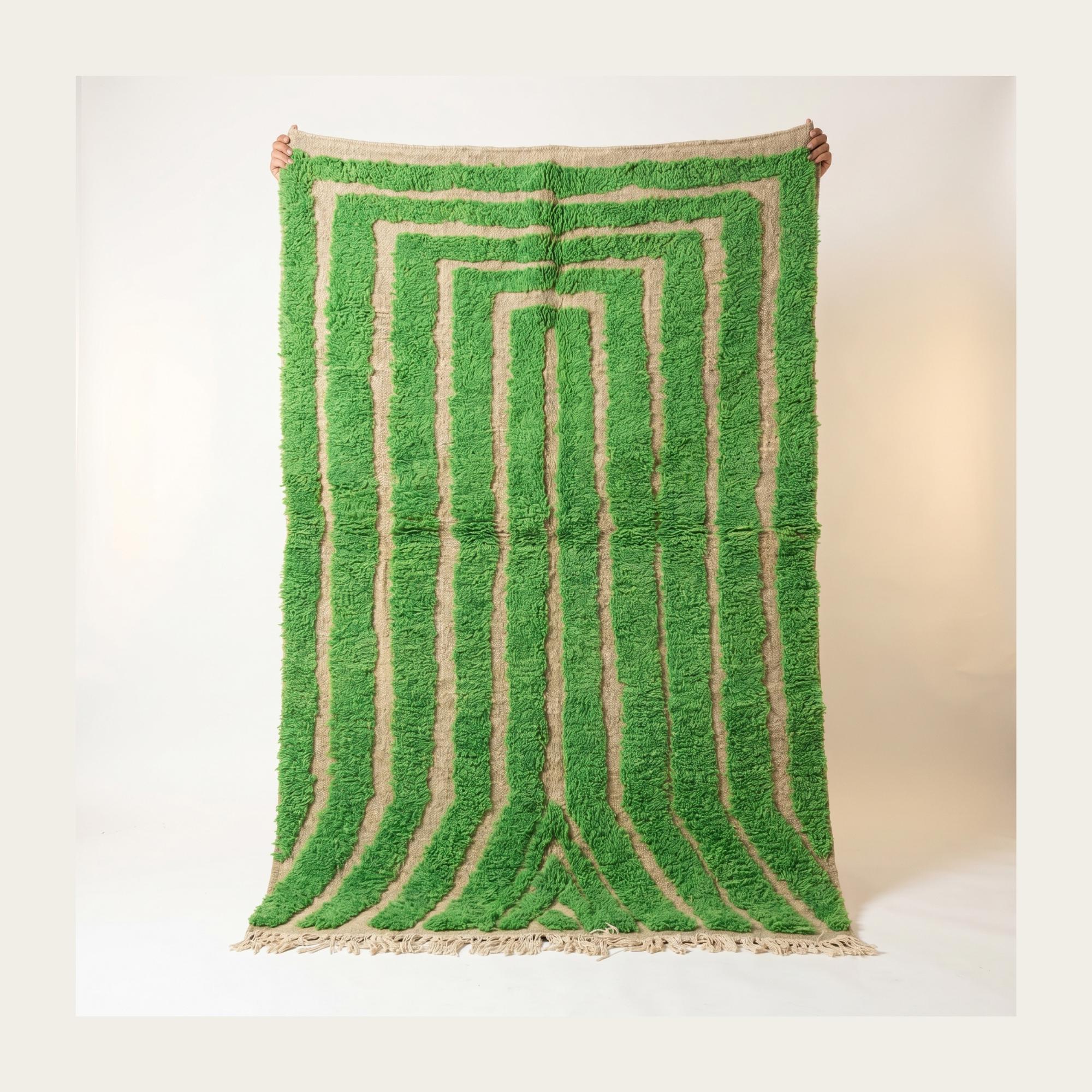 Rug - Green Ivory Stripe Wool Rug - Handmade Berber Graphic Rug - Bright Green Boho Area Rug - Maze Pattern Carpet - Multiple Sizes