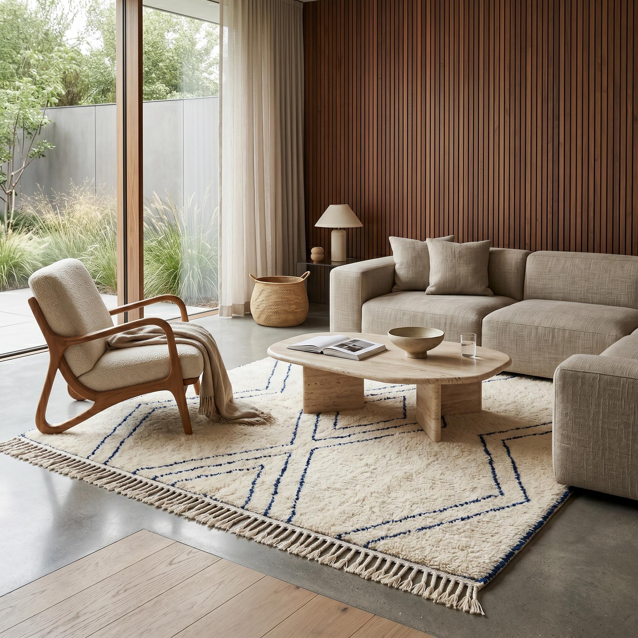 Beni Ourain Rug - Ivory Navy Wool Rug - Handmade Nested Diamond Rug - Japandi Area Rug - Berber Carpet - Multiple Sizes