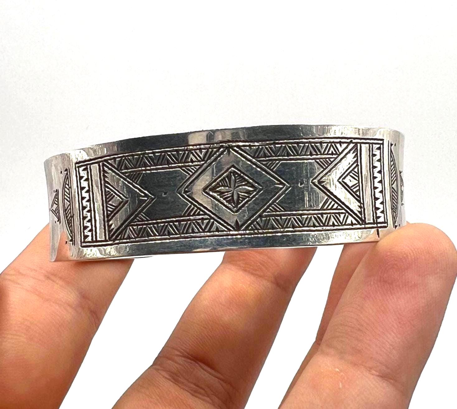 Berber Sterling Silver Tuareg Cuff Bracelet: Hand-Engraved African Tribal Bangle, Boho Ethnic African Hammered Jewelry