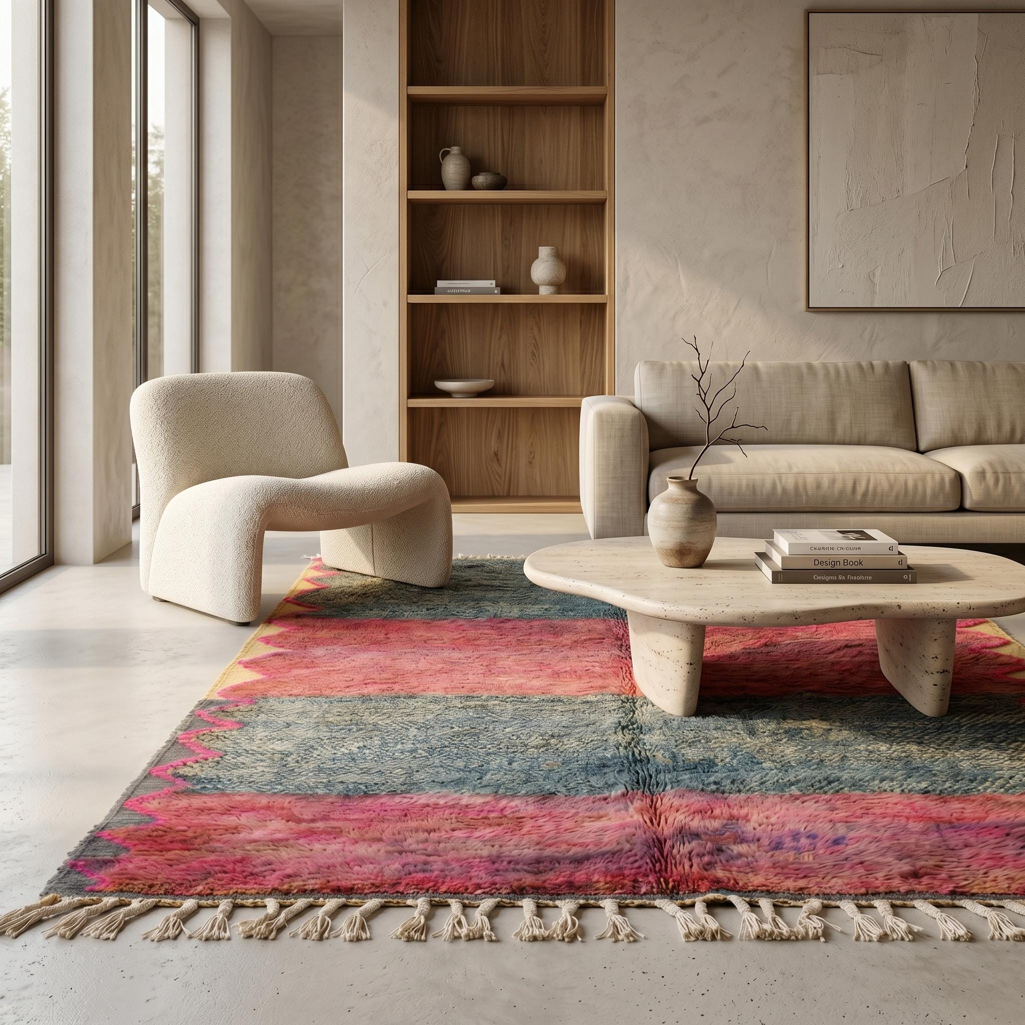 Boujaad Rug - Teal Blue Fuchsia Wool Rug - Handmade Stripe Abstract Rug - One of a Kind Boho Berber Carpet