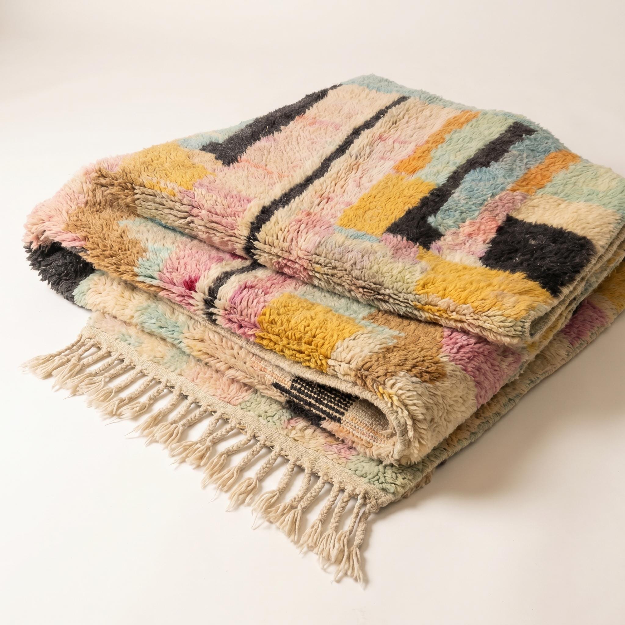 Boujaad Rug 8x5 ft - Pink Mustard Pastel Wool Rug - One of a Kind Art Rug - Rare Color Block Berber Carpet - Collector Boho Rug