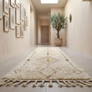 Beni Ourain Runner Rug, Berber Hallway Carpet, Cream and Brown Tribal Shag, Modern Minimalist Entryway Decor, Custom Size