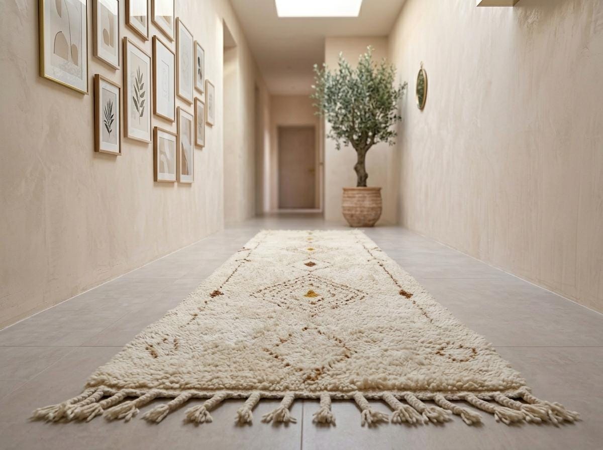 Beni Ourain Runner Rug, Berber Hallway Carpet, Cream and Brown Tribal Shag, Modern Minimalist Entryway Decor, Custom Size