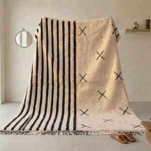 Handwoven Beni Ourain Rug, Black White Stripes, Asymmetric Berber Carpet, Boho Living Room