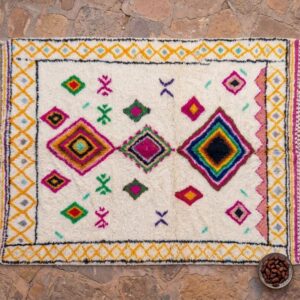 Amazigh Handmade Beni Ourain Wool Rug, Rainbow Diamond Shag Carpet, Boho Eclectic Ivory Pink Green