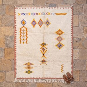 Handmade Beni Ourain Amazigh Rug, Ivory Wool Shag, Saffron Purple Amber Totem Carpet