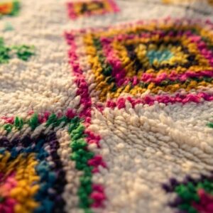 Amazigh Handmade Beni Ourain Wool Rug, Rainbow Diamond Shag Carpet, Boho Eclectic Ivory Pink Green