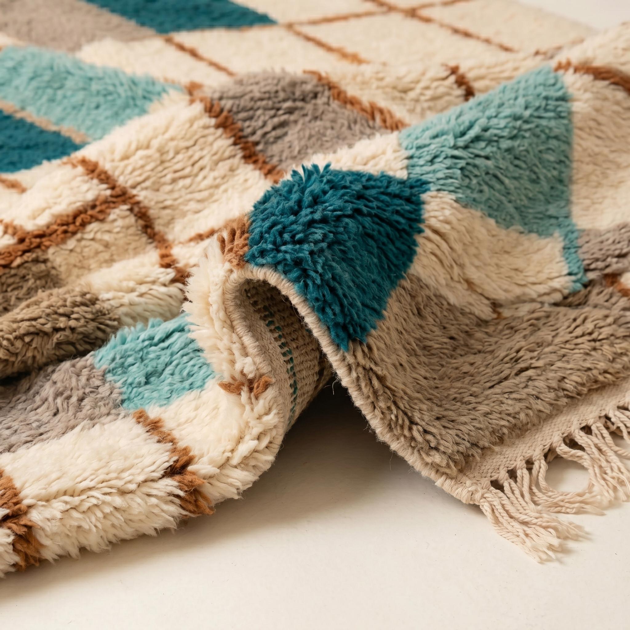 Boujaad Rug - Ivory Teal Terracotta Wool Rug - Handmade Grid Abstract Rug - Boho Area Rug - Berber Carpet - Multiple Sizes
