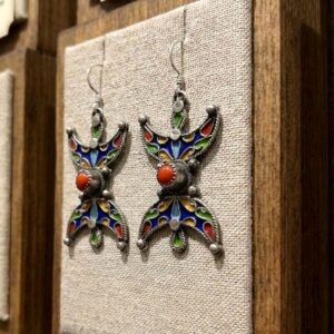 Berber Enamel Coral Sterling Silver Earrings: Amazigh Yaz Symbol Tribal Jewelry