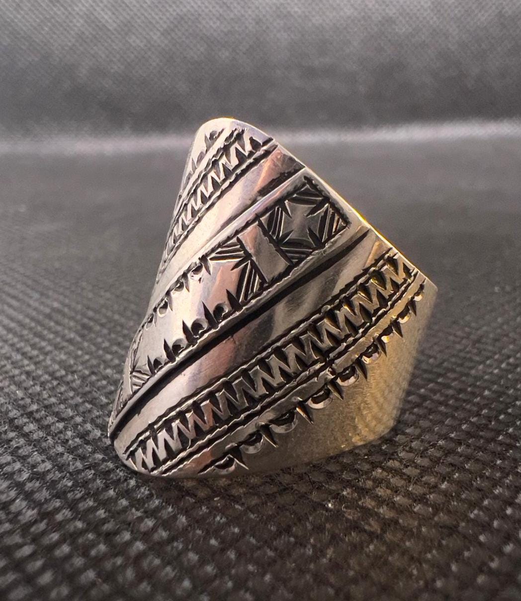 Handmade Sterling Silver Berber Ring: Tribal Engraved Jewelry, Size 8-8.5