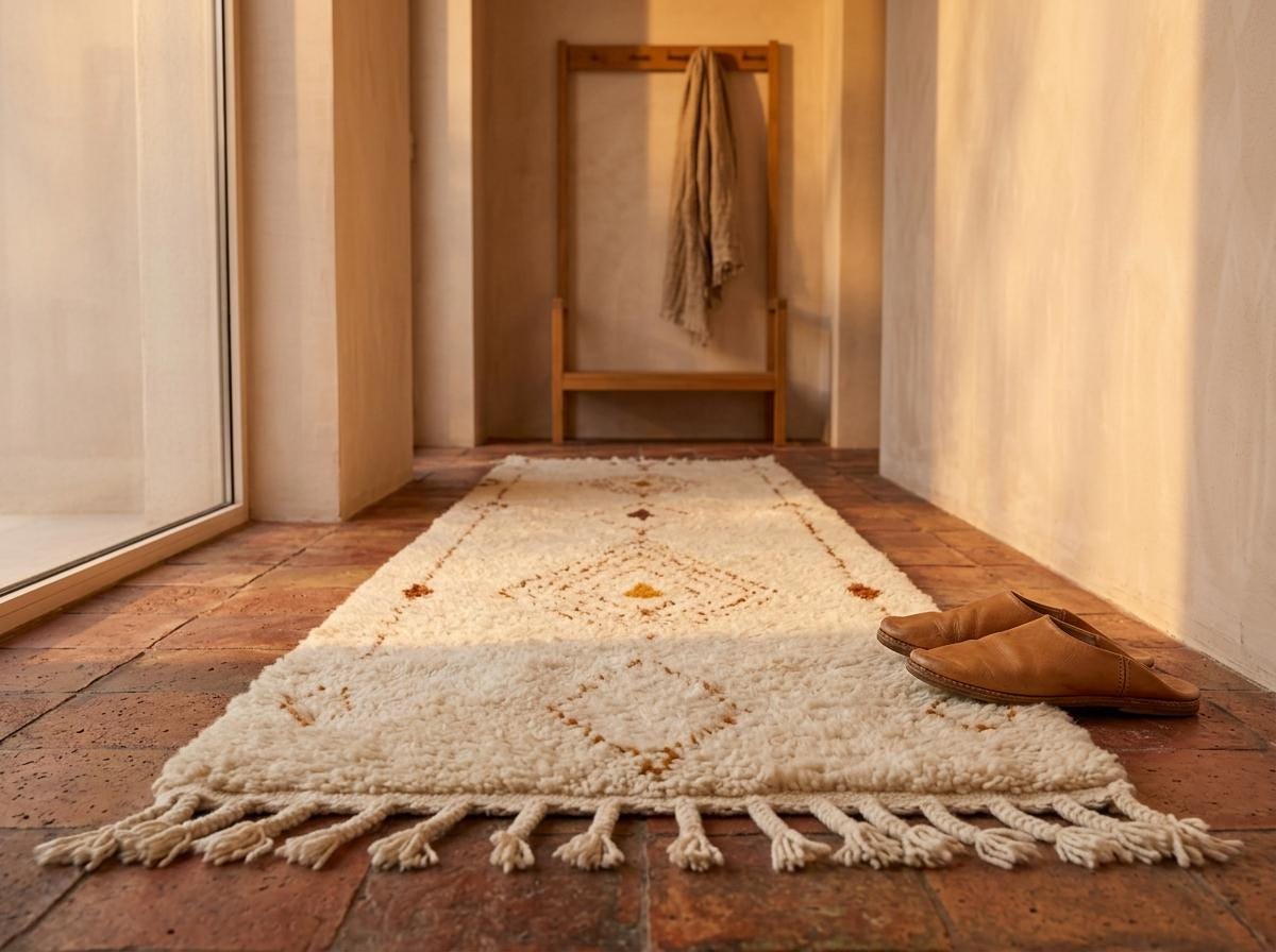 Beni Ourain Runner Rug, Berber Hallway Carpet, Cream and Brown Tribal Shag, Modern Minimalist Entryway Decor, Custom Size