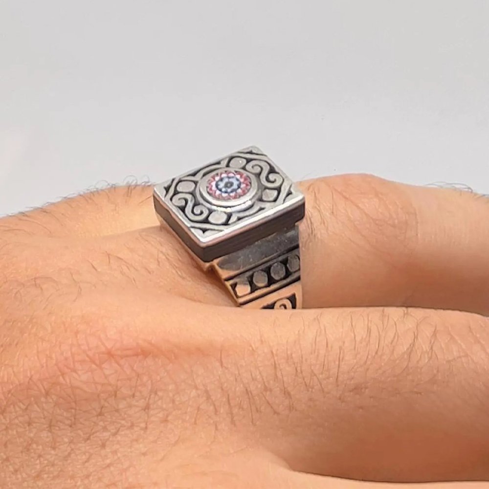 Handmade Sterling Silver Tuareg Ring: Vintage Berber Chevron Bead