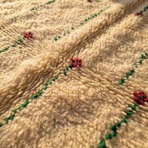 Berber Shag Rug - Ivory Wool with Green Stem & Pink Flower Motifs, Soft Handmade Area Rug