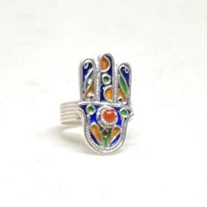Amazigh Hamsa Hand Sterling Silver Ring: Red Coral Enamel, Tribal Jewelry