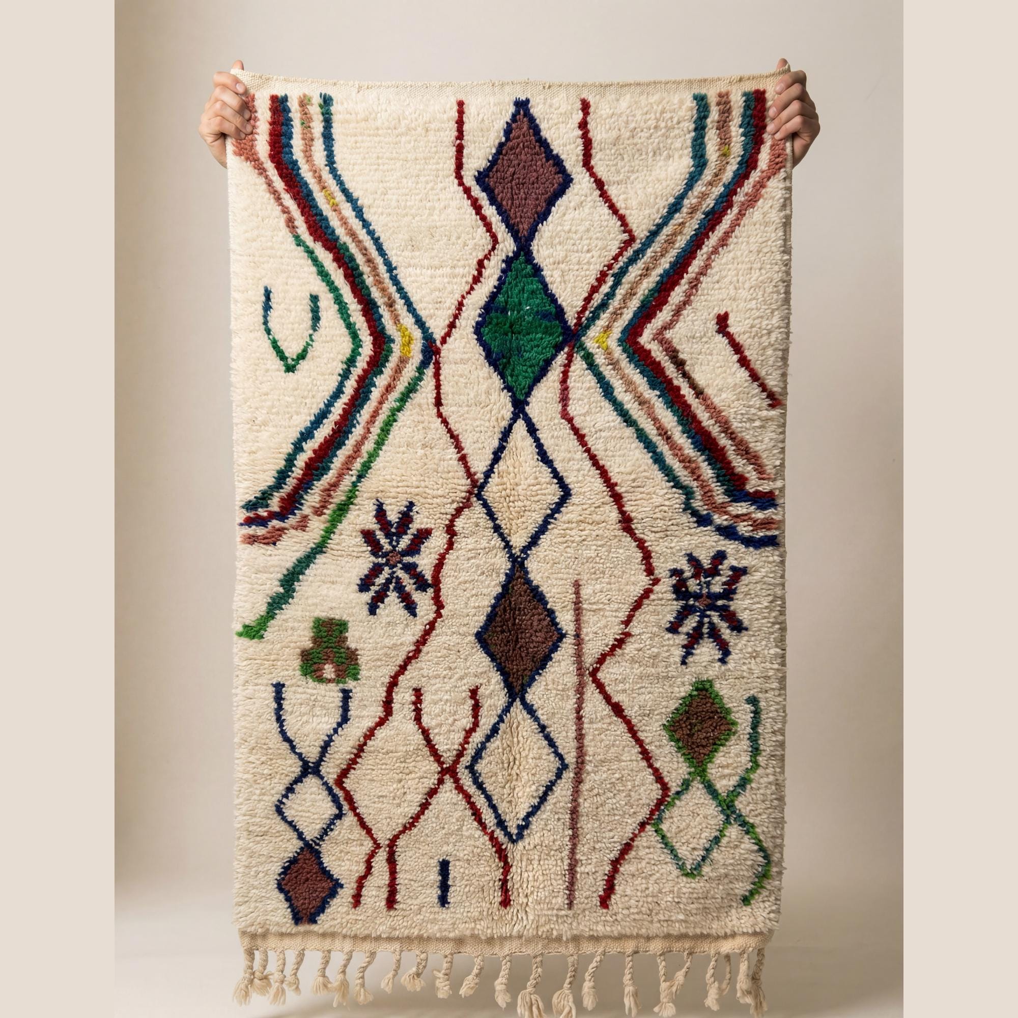 Azilal Rug - Ivory Multicolor Wool Rug - Handmade Tribal Rug - Boho Area Rug Colorful - Zemmour Berber Carpet - Multiple Sizes
