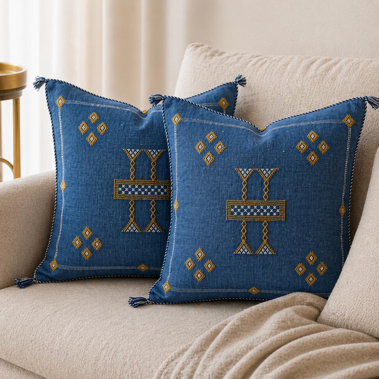 Berber Blue Cactus Silk Handmade Sabra Cushion Pillow