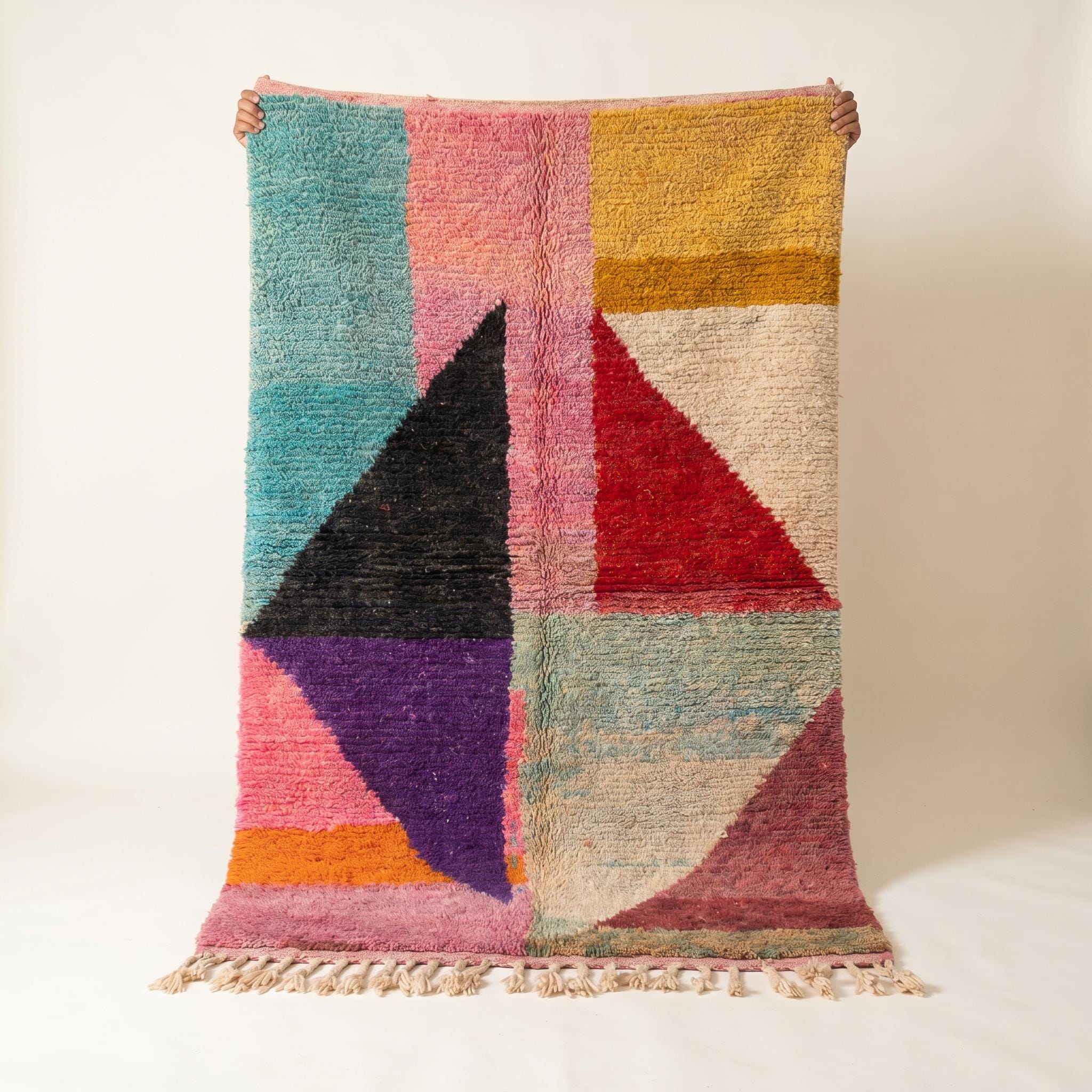 Boujaad Rug - Multicolor Geometric Triangle Wool Rug - Handmade Color Block Rug - 8x5 Bold Boho Area Rug - One of a Kind Berber rug