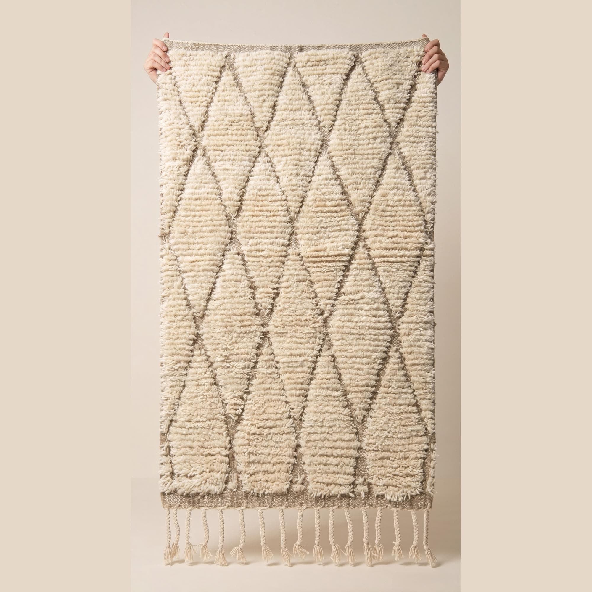 Beni Ourain Rug - Shaggy Ivory Taupe Wool Rug - Handmade Diamond Rug - Fluffy Neutral Berber Carpet - Boho Area Rug - Multiple Sizes