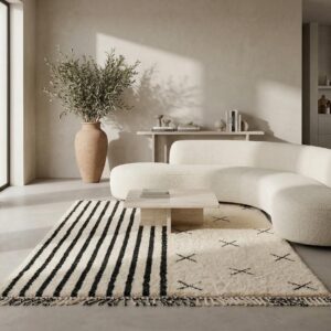 Handwoven Beni Ourain Rug, Black White Stripes, Asymmetric Berber Carpet, Boho Living Room