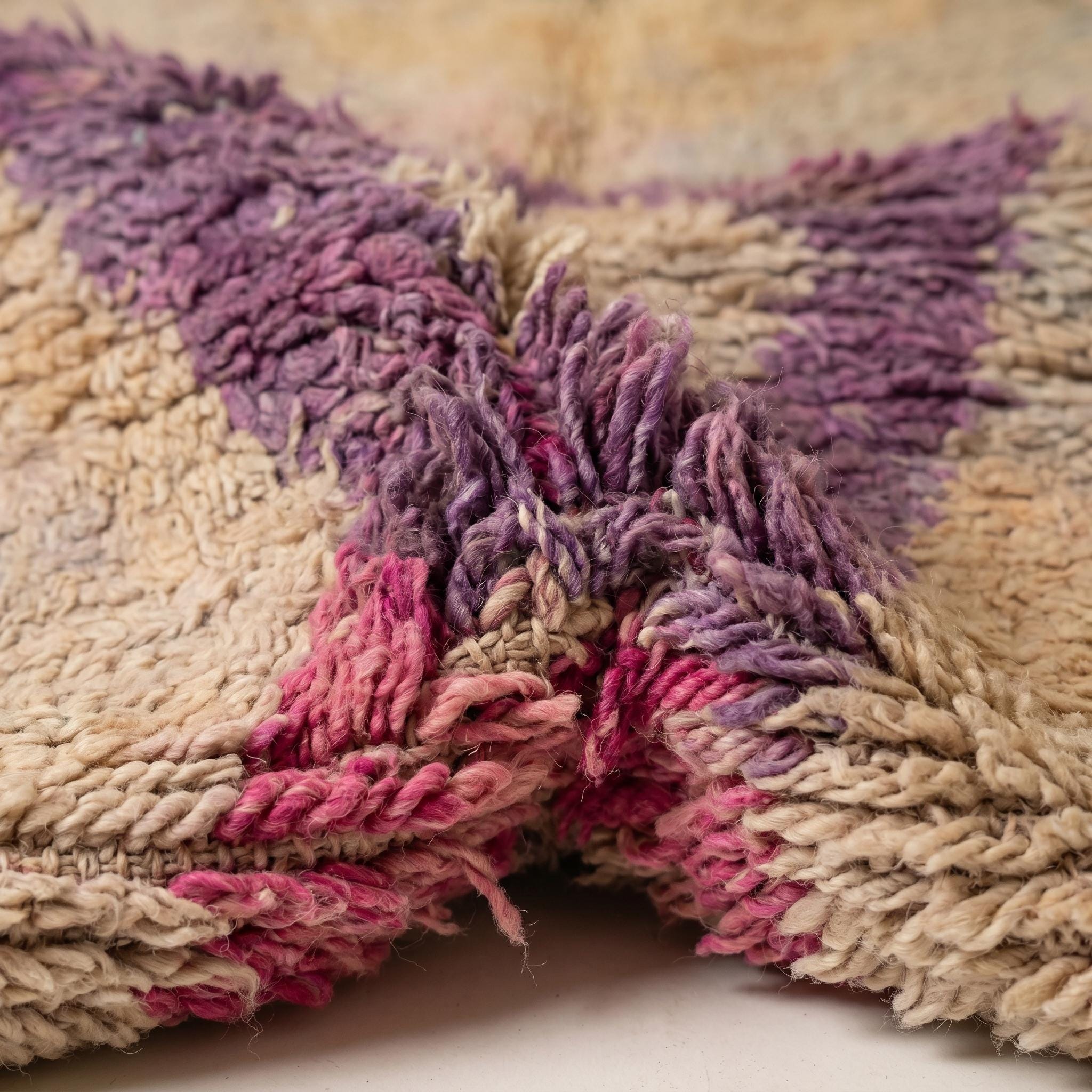 Boujaad Rug - Sandy Beige Purple Fuchsia Wool Rug - Handmade Abstract Rug - 8x5 Boho Area Rug - One of a Kind Berber Carpet