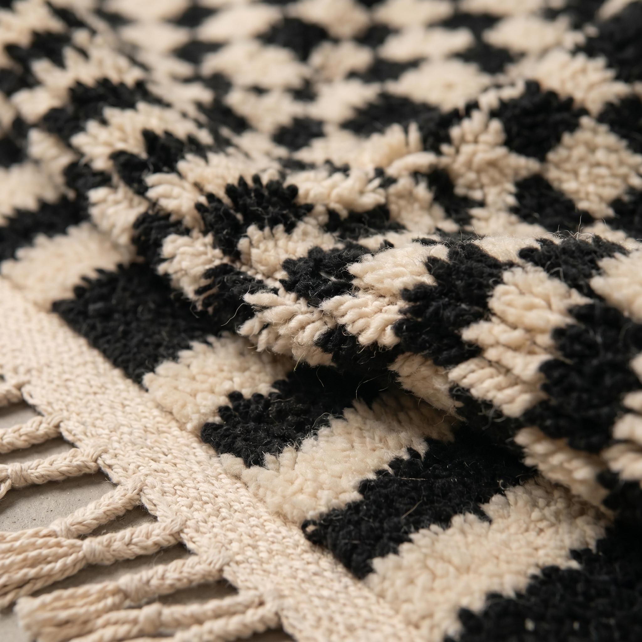 Checkered Rug - Ivory Black Wool Rug - Handmade Checker Stripe Transition Rug - Modern Area Rug - Berber Carpet - Multiple Sizes