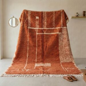 Terracotta Beni Ourain Berber Carpet, Abstract Shag Wool Rug, Desert Modern Living Room