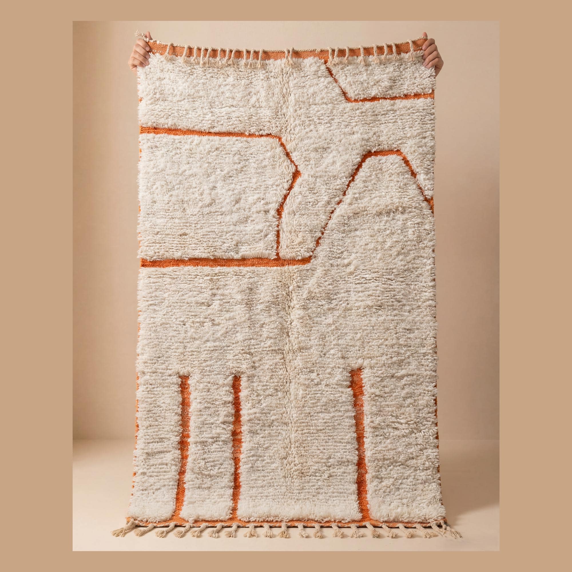 Beni Ourain Rug - Ivory Orange Wool Rug - Handmade Abstract Rug - Fluffy Boho Area Rug - Terracotta Berber Carpet - Multiple Sizes
