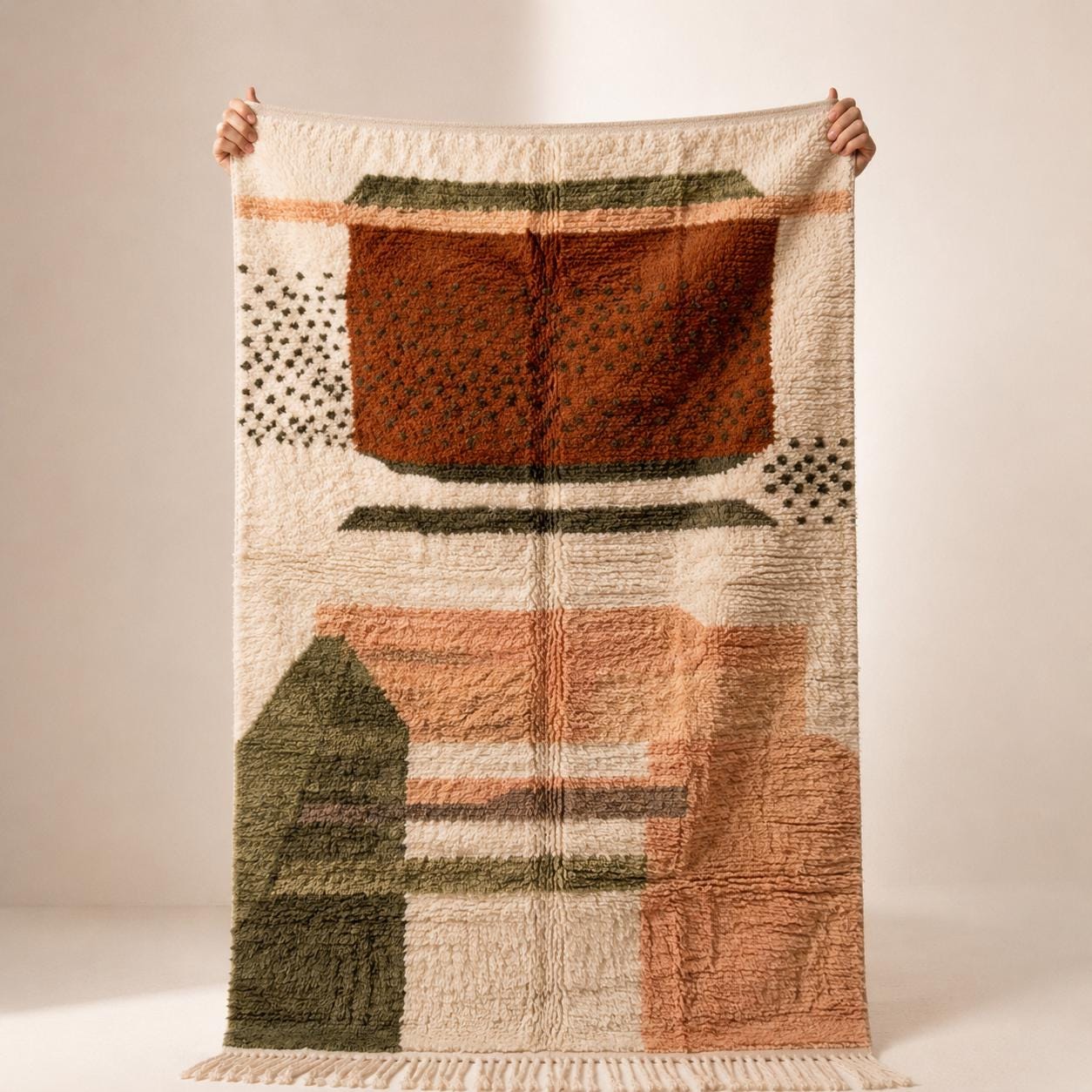 Boujaad Rug - Terracotta Sage Green Wool Rug - Handmade Abstract Art Rug - Earthy Boho Area Rug - Berber Carpet - Multiple Sizes