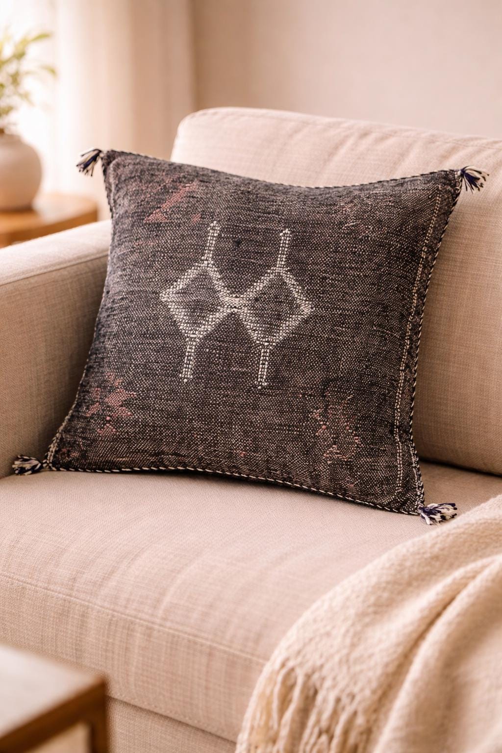 Berber Handmade cactus silk cushion case Black Pillow