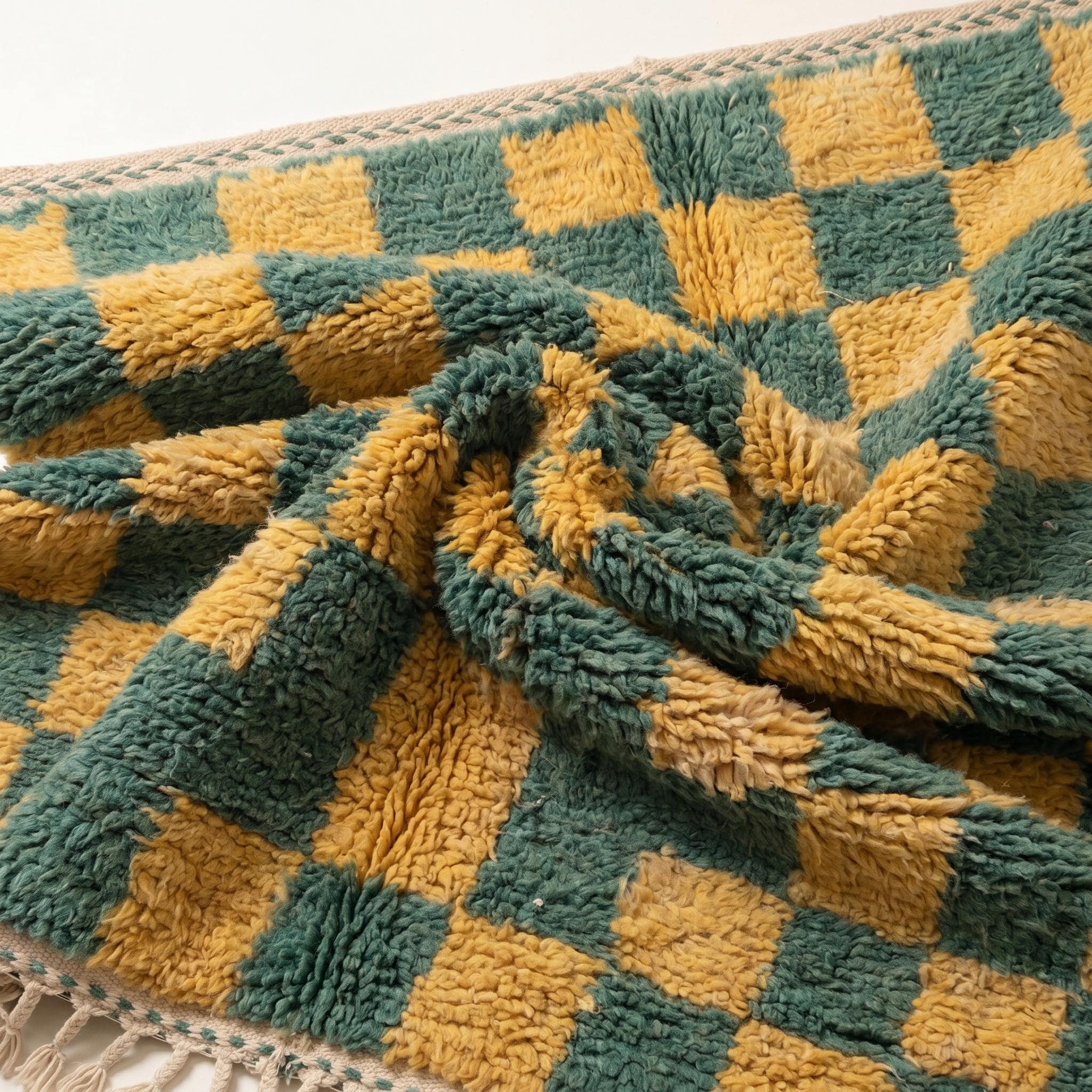 Checkered Rug - Mustard Yellow Green Wool Rug - Handmade Checker Rug - Retro Boho Area Rug - Berber Carpet - Multiple Sizes