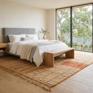 Terracotta Color Block Berber Rug - Camel & Blue Stripe Wool Shag, Handwoven Beni ourain Living Room Rug