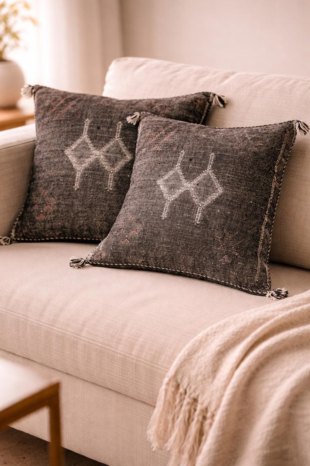 Berber Handmade cactus silk cushion case Black Pillow